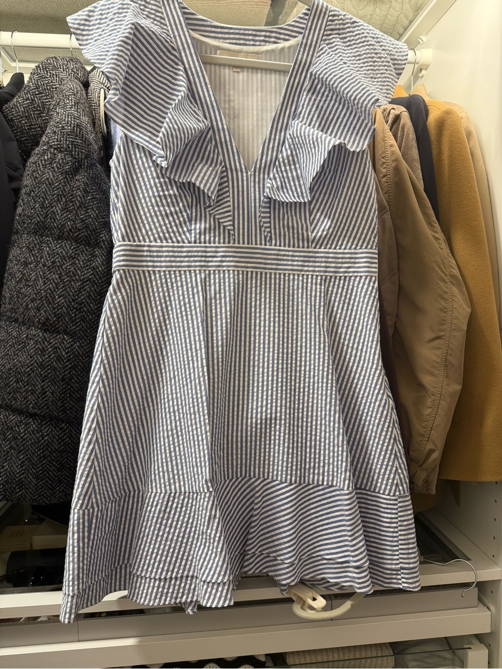 Wayf Blue and White Striped Ruffle V-Neck Mini Dress
